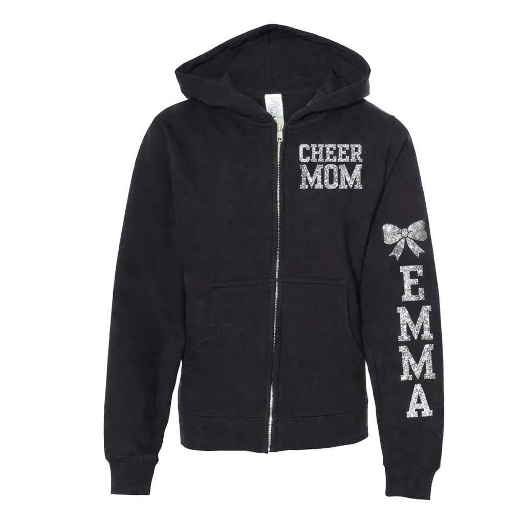 Cheer Mom Glitter Zip Hoodie – Custom Name Sleeve