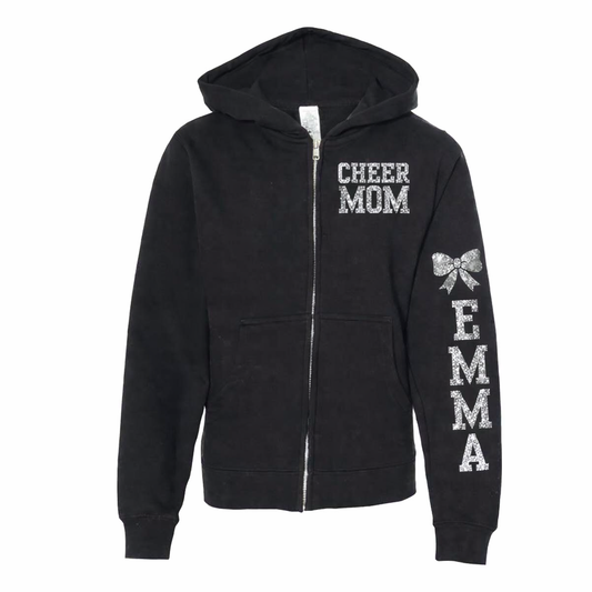 Cheer Mom Glitter Zip Hoodie – Custom Name Sleeve