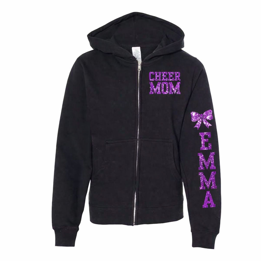 Cheer Mom Glitter Zip Hoodie – Custom Name Sleeve
